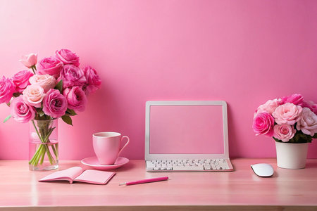 Pink roses, laptop, workspace, office, backgroundの素材