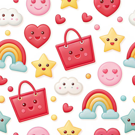 Cute kawaii shopping bags, hearts, rainbows, stars seamless pattern background, textile designの素材