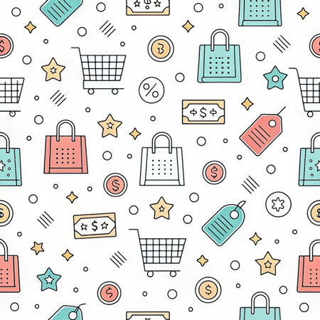 Shopping pattern bags, carts, and coins on whiteの素材