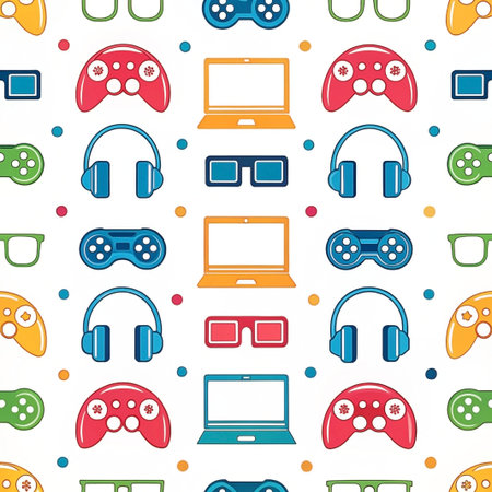 Colorful gaming pattern controllers, headphones, laptop, glasses.  Website backgroundの素材