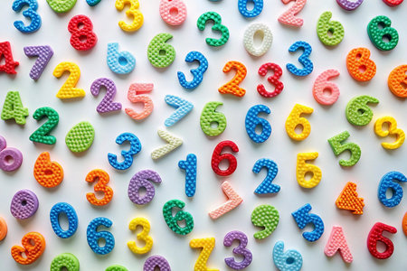 Colorful number toys scattered on white background, education conceptの素材