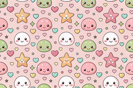 Cute pastel mochi, stars, hearts pattern; seamless repeat; pink background; textile designの素材
