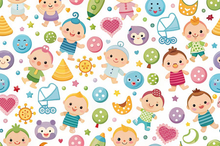 Joyful babies, toys, seamless pattern, white background, baby productsの素材