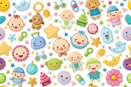 Happy babies, toys, seamless pattern, white background, nursery decorの素材