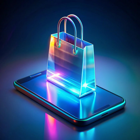 Glowing shopping bag atop smartphone. Vivid blues, purples, and yellows create a futuristic digital sceneの素材