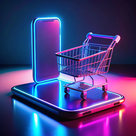 Neon shopping cart on phone, glowing border. E-commerce concept with two phonesの素材
