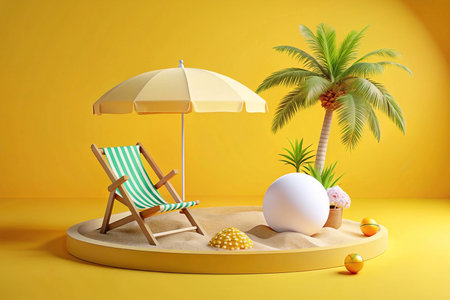 Summer beach chair scene, yellow background, 3D render, product displayの素材