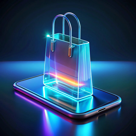 Glass bag on phone screen, glows with blue light. Online shopping concept, modern technologyの素材