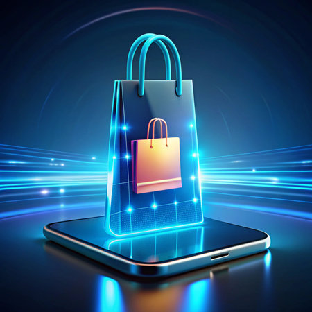Shopping bag hovers above phone on glowing blue lines background, symbolizing online shopping conceptの素材