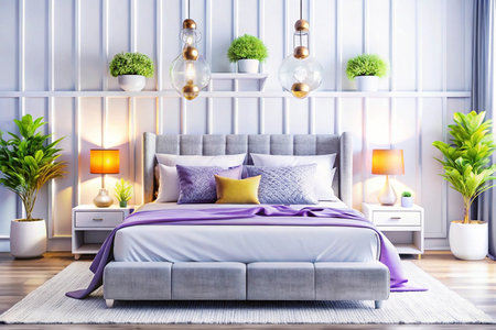 Modern bedroom interior design, plants, lights, white walls, home decorの素材