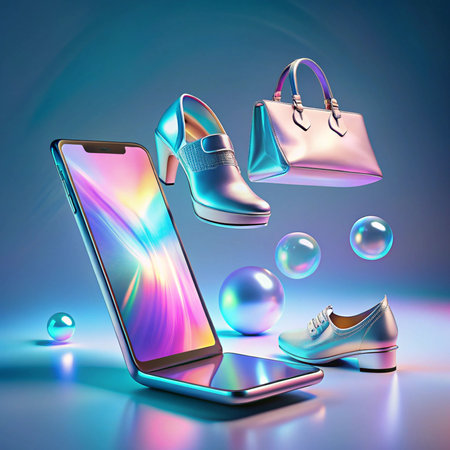 Holographic phone display showcasing fashion, bags, shoes, and bubbles in a blue gradientの素材