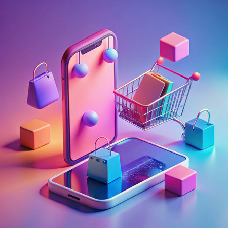 Digital shopping Smartphones, shopping cart, and floating packages. Pink, purple, blue gradient backgroundの素材
