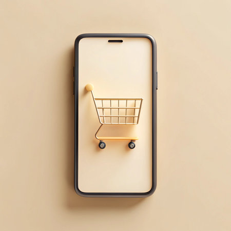 Shopping cart on smartphone screen. Beige background. Minimalist. E-commerceの素材