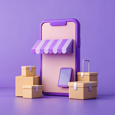 Mobile shopping. Phone with striped awning, boxes. Purple backgroundの素材