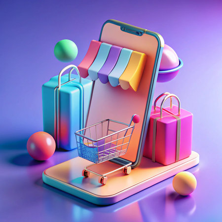 Online shopping display. Phone with store awning &amp; shopping cart. Colorful aesthetic, minimalist designの素材