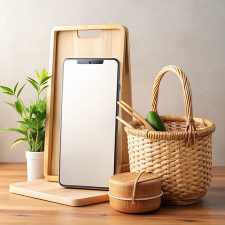 Phone mockup beside a basket, plant, and cutting boards on a wooden surface against a neutral backgroundの素材