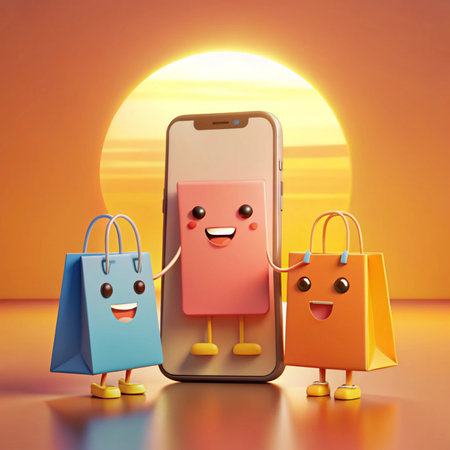 Cute shopping bags holding hands with phone, set against a bright sunsetの素材