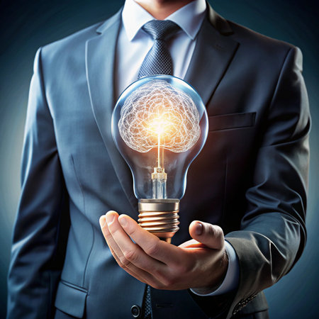 Brain lightbulb held by a suit. Innovation, ideas, intelligence conceptの素材