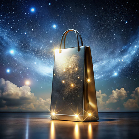 Metallic shopping bag reflecting a starry sky, illuminated on a reflective surface, with clouds backdropの素材