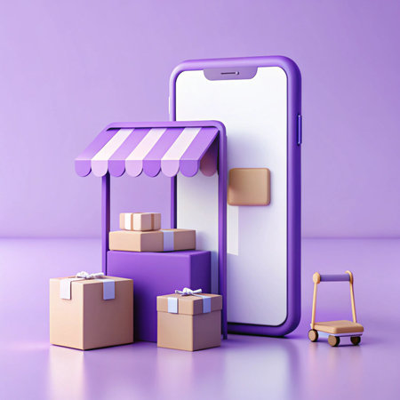 Purple hued online shop featuring phone, awning, boxes, cart on glossy surfaceの素材