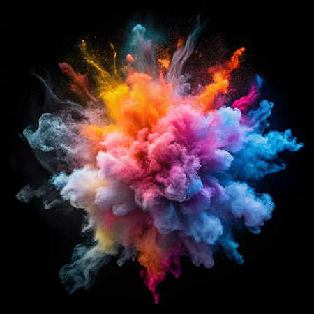 Colorful cloud of powder explosion against black backgroundの素材