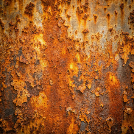 Rusty metal surface with peeling paint and textured patterns. Intense oranges, browns, and yellowsの素材