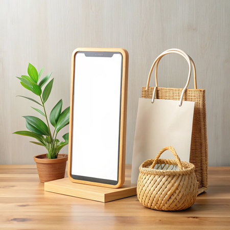Phone mockup, plant, bag, and basket on wood surface. Product presentation with cozy, natural aestheticの素材