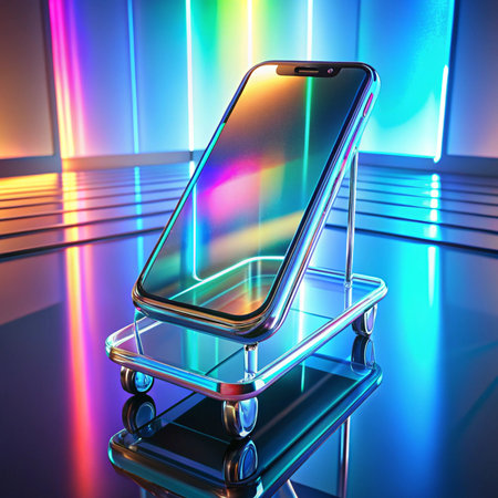 Phone on stand, colorful neon lights reflect. Futuristic tech aestheticの素材