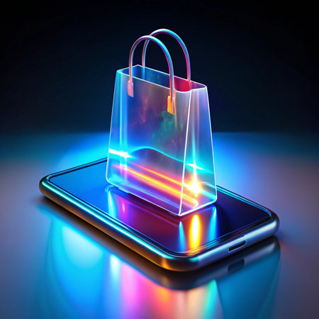 Neon shopping bag atop glowing phoneの素材