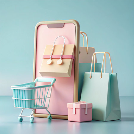 Phone display with a cart, bags, and gift box, all in pastel colorsの素材