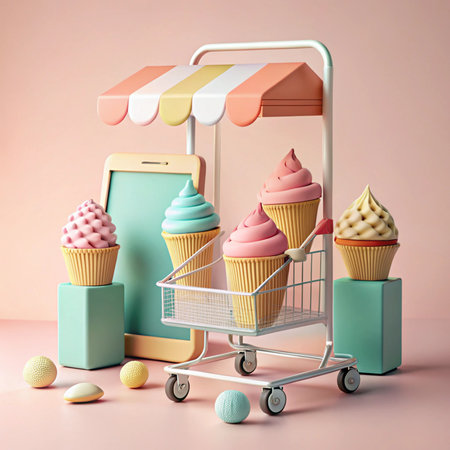 Cute mobile shop with ice cream cones, pastel colors, whimsical, and dessert themedの素材