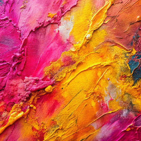 Colorful, textured abstract. Acrylics form vibrant blends of pink, yellow, and hints of blueの素材