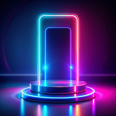 Neon Portal Glowing platform beneath bright blue and pink rectangle archway, dark backgroundの素材