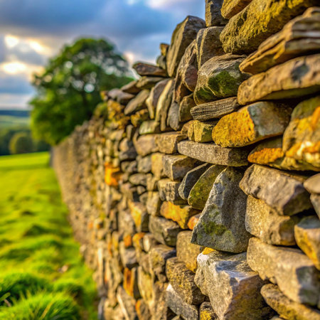 Stone wall divides green field under cloudy sky, tree blurred in backgroundの素材