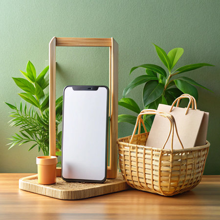 Smartphone display with basket, shopping bags, and plants on wooden surface against green wallの素材