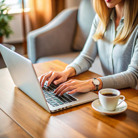 Woman types on a laptop with coffee nearby on a wooden desk in a bright, modern settingの素材