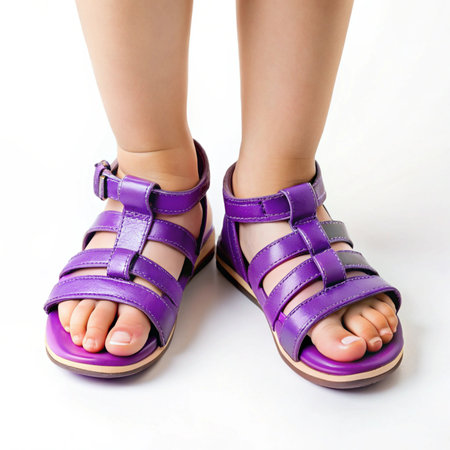 Child&#39;s feet wearing purple sandals with a strap and multiple cross bandsの素材