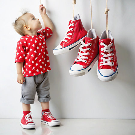 Young child reaches for hanging sneakers, wearing matching pairの素材