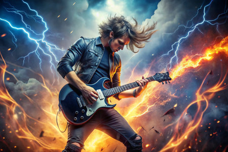 Guitarist rocks out against a stormy, fiery backdrop, electrifying energyの素材