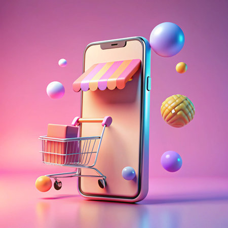 E-commerce Cart with box near mobile shop, with gradient background and floating ballsの素材