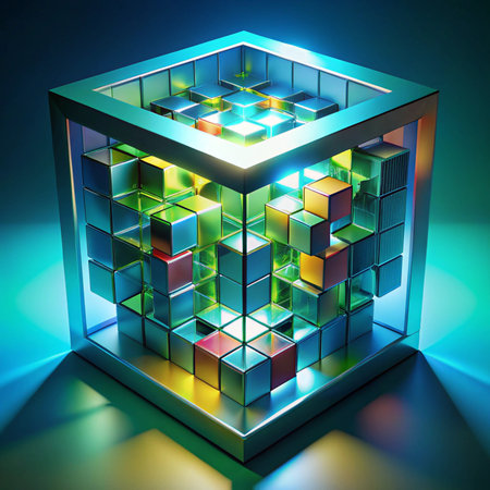 Cube Container Colorful blocks arranged geometrically inside clear frame with bright, modern lightingの素材