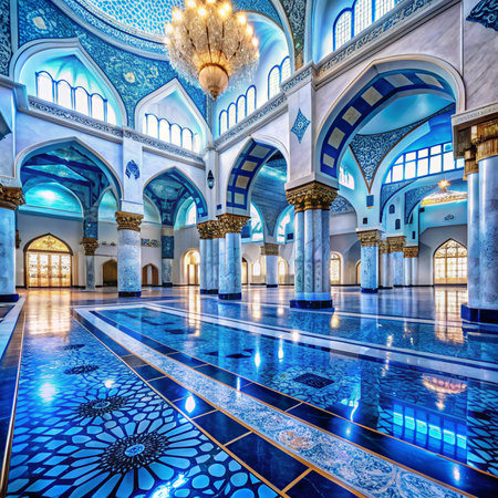 Ornate interior features arches, columns, chandelier, and blue-patterned floorの素材