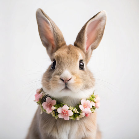 A cute bunny wearing a flower necklaceの素材