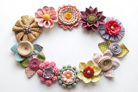 Fabric flower wreath on white. Decorative floral arrangement with diverse textile designsの素材