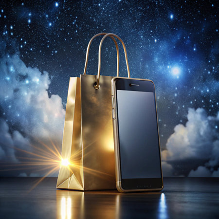 Gold bag and phone gleam against night sky backdrop. Elegantの素材