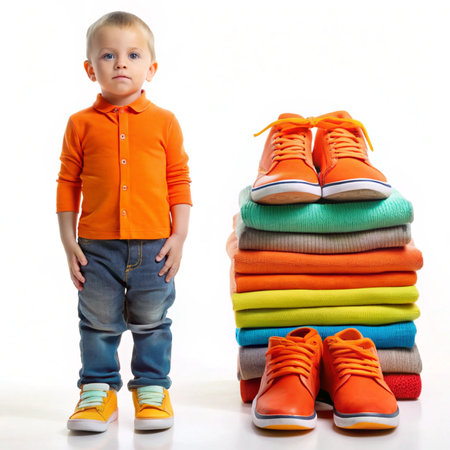 Child stands by stacked clothes and shoes. Bright colors, white backdrop, and simple compositionの素材