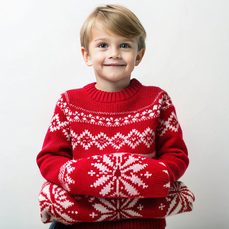 Boy in red sweater with patterns, holding another matching sweater, smilingの素材