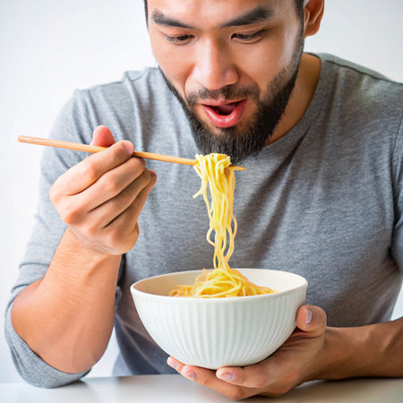 Man enjoys noodles from a bowl with chopsticks against a white background in casual settingの素材