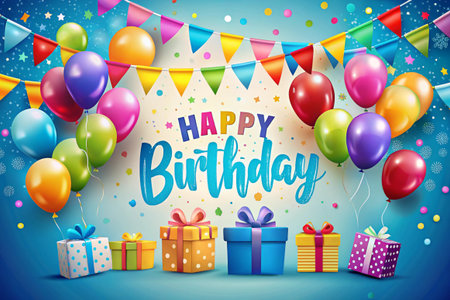 Birthday celebration with balloons, bunting, gifts, and confetti against a blue backdropの素材