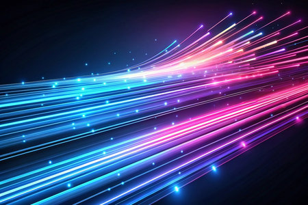 Abstract vibrant light streaks, glowing lines, futuristic digital technology background.の素材